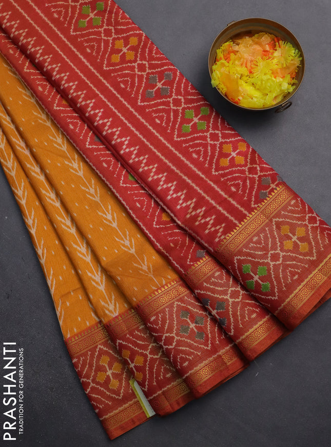 Semi tussar saree mustard yellow and rust shade with allover ikat prints and zari woven ikat border