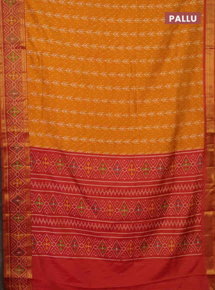 Semi tussar saree mustard yellow and rust shade with allover ikat prints and zari woven ikat border
