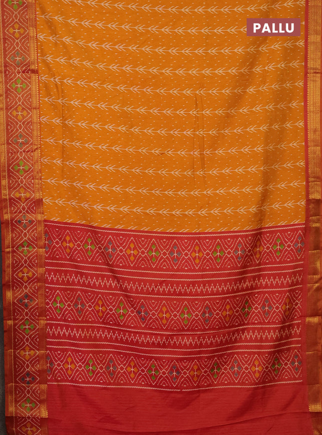 Semi tussar saree mustard yellow and rust shade with allover ikat prints and zari woven ikat border