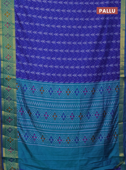 Semi tussar saree blue and teal green with allover ikat prints and zari woven ikat border