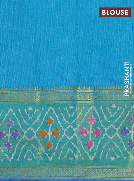 Semi tussar saree blue and teal green with allover ikat prints and zari woven ikat border