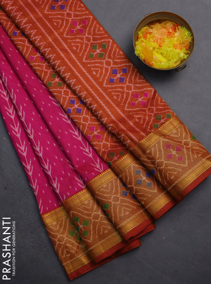 Semi tussar saree pink and mustard yellow with allover ikat prints and zari woven ikat border