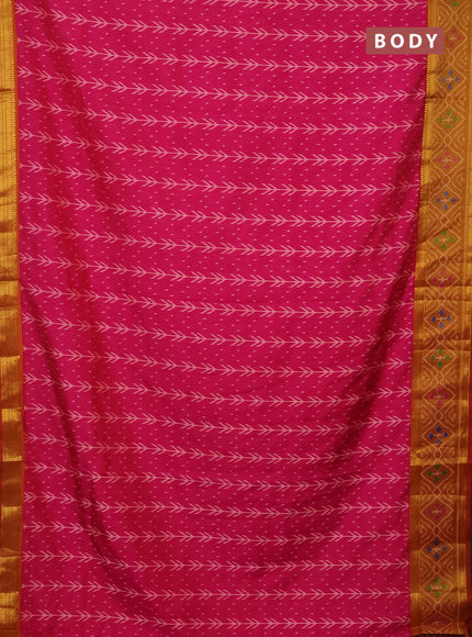 Semi tussar saree pink and mustard yellow with allover ikat prints and zari woven ikat border
