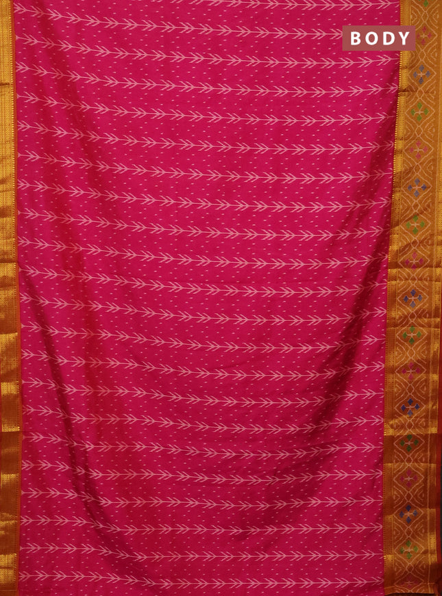 Semi tussar saree pink and mustard yellow with allover ikat prints and zari woven ikat border