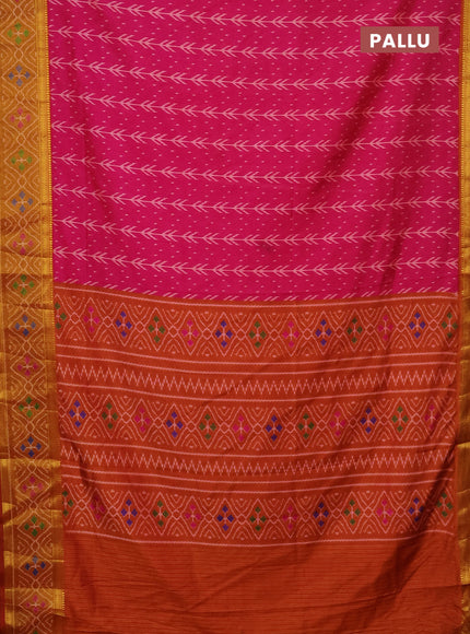 Semi tussar saree pink and mustard yellow with allover ikat prints and zari woven ikat border