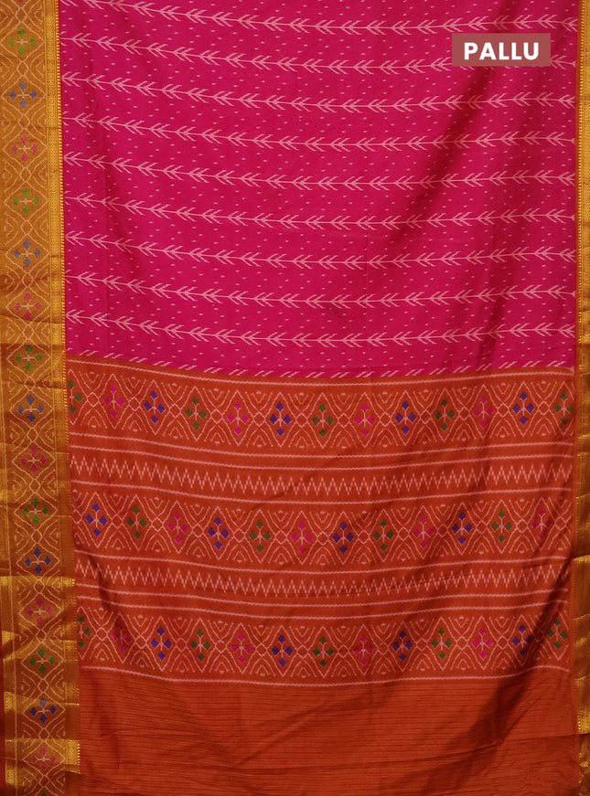 Semi tussar saree pink and mustard yellow with allover ikat prints and zari woven ikat border
