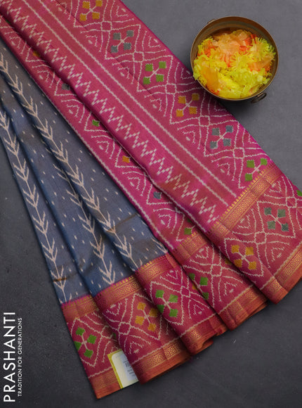Semi tussar saree dual shade of bluish grey and pink with allover ikat prints and zari woven ikat border