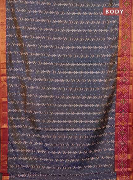 Semi tussar saree dual shade of bluish grey and pink with allover ikat prints and zari woven ikat border