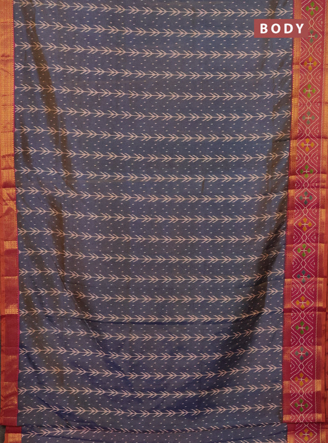 Semi tussar saree dual shade of bluish grey and pink with allover ikat prints and zari woven ikat border
