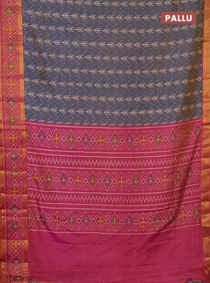 Semi tussar saree dual shade of bluish grey and pink with allover ikat prints and zari woven ikat border