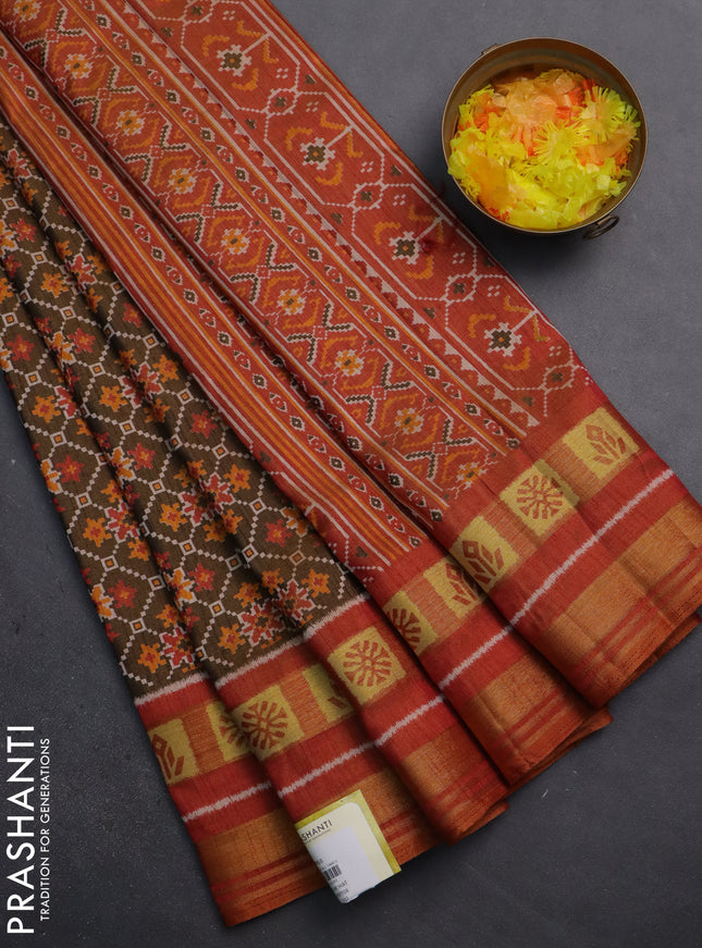 Semi tussar saree brown shade and rust shade with allover ikat prints and zari woven border