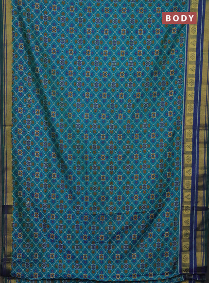 Semi tussar saree teal green and dual shade of blue with allover ikat prints and zari woven border