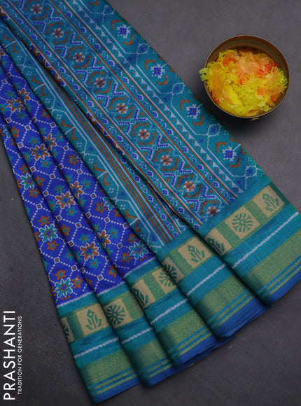 Semi tussar saree blue and teal blue with allover ikat prints and zari woven border