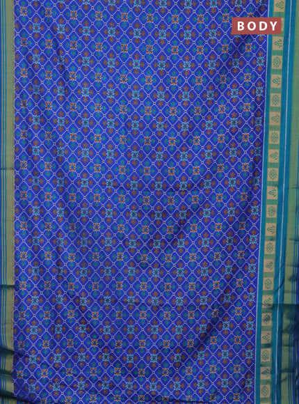 Semi tussar saree blue and teal blue with allover ikat prints and zari woven border