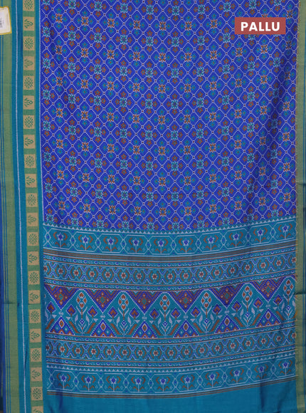 Semi tussar saree blue and teal blue with allover ikat prints and zari woven border