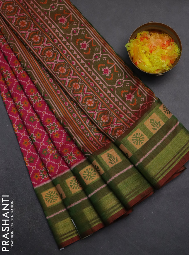 Semi tussar saree pink and green with allover ikat prints and zari woven border