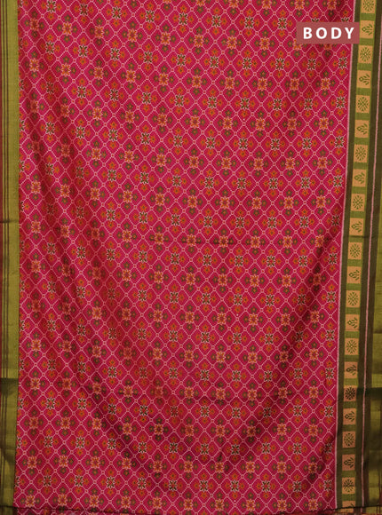 Semi tussar saree pink and green with allover ikat prints and zari woven border