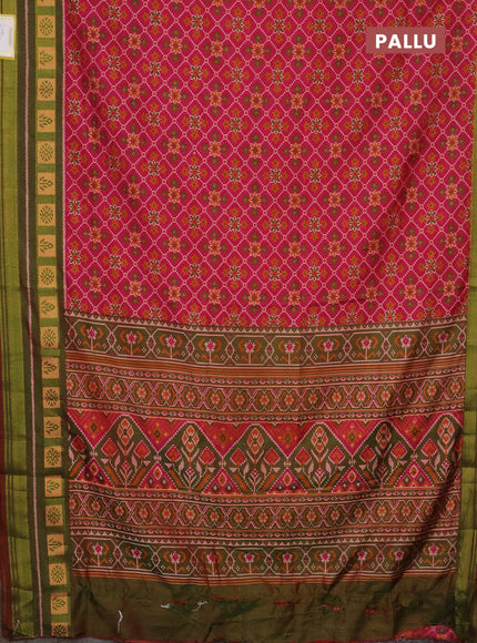 Semi tussar saree pink and green with allover ikat prints and zari woven border