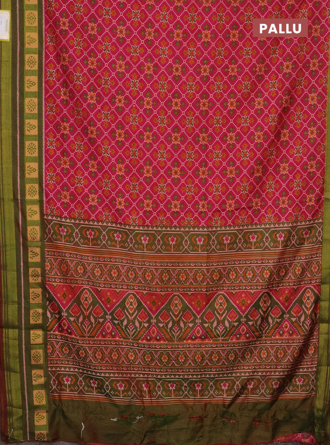 Semi tussar saree pink and green with allover ikat prints and zari woven border