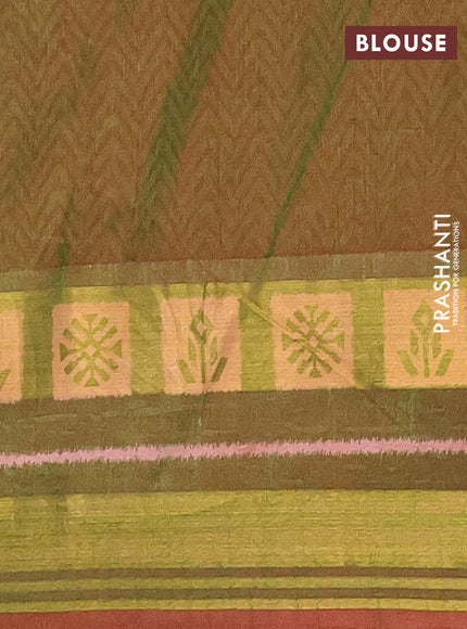 Semi tussar saree pink and green with allover ikat prints and zari woven border