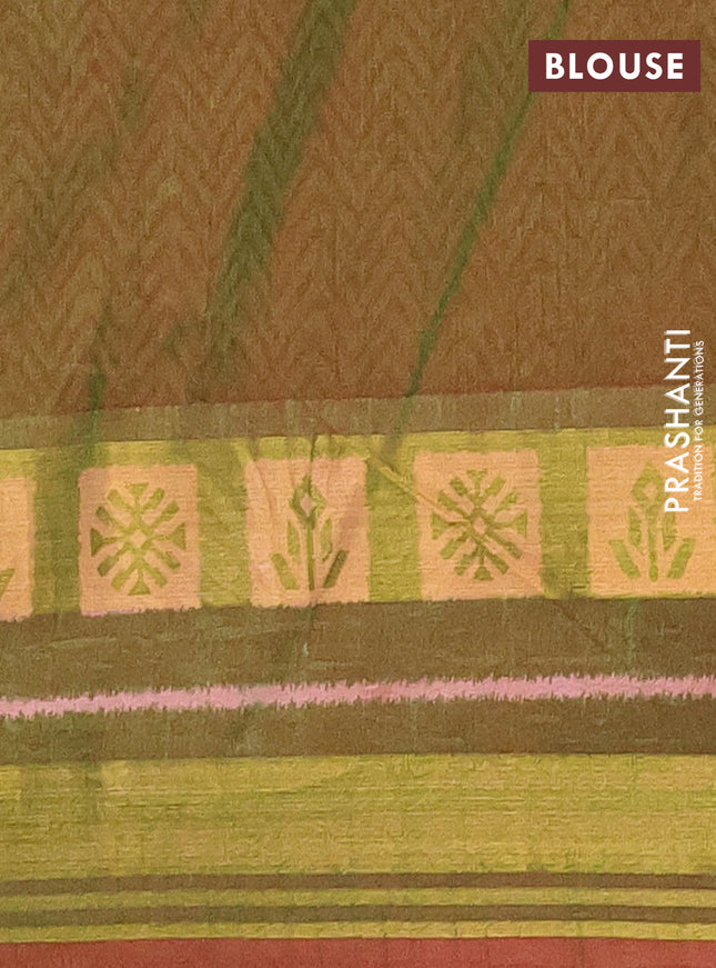 Semi tussar saree pink and green with allover ikat prints and zari woven border