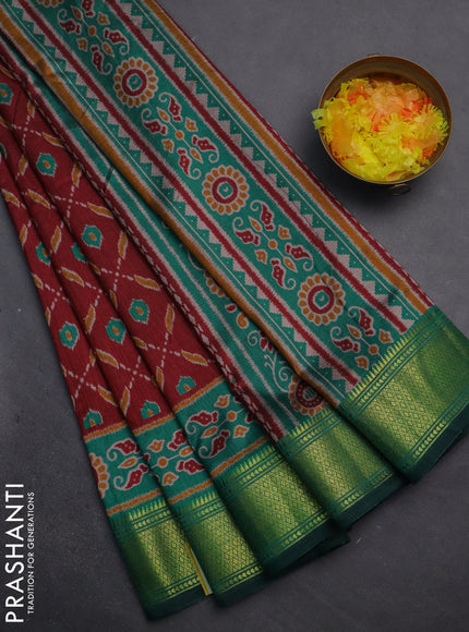 Semi tussar saree maroon and green with allover ikat prints and zari woven border