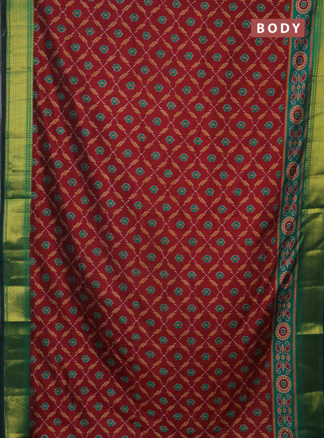 Semi tussar saree maroon and green with allover ikat prints and zari woven border