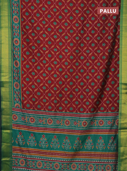Semi tussar saree maroon and green with allover ikat prints and zari woven border