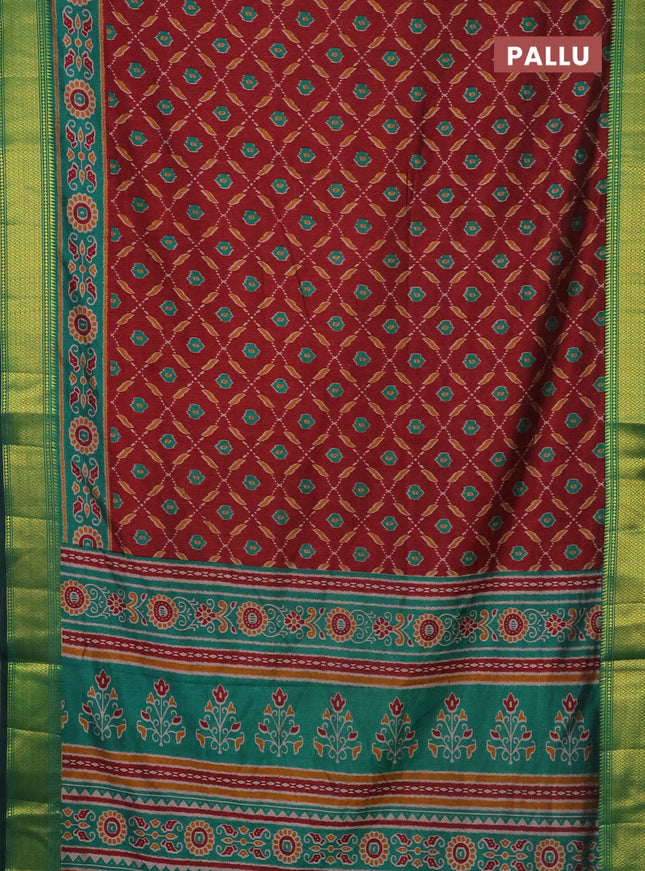Semi tussar saree maroon and green with allover ikat prints and zari woven border
