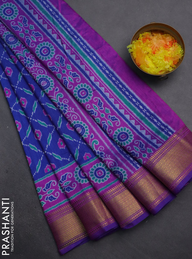 Semi tussar saree blue and purple with allover ikat prints and zari woven border