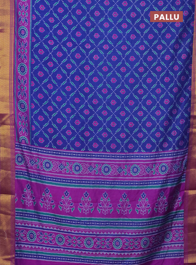 Semi tussar saree blue and purple with allover ikat prints and zari woven border