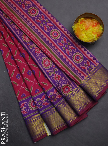 Semi tussar saree pink and purple with allover ikat prints and zari woven border