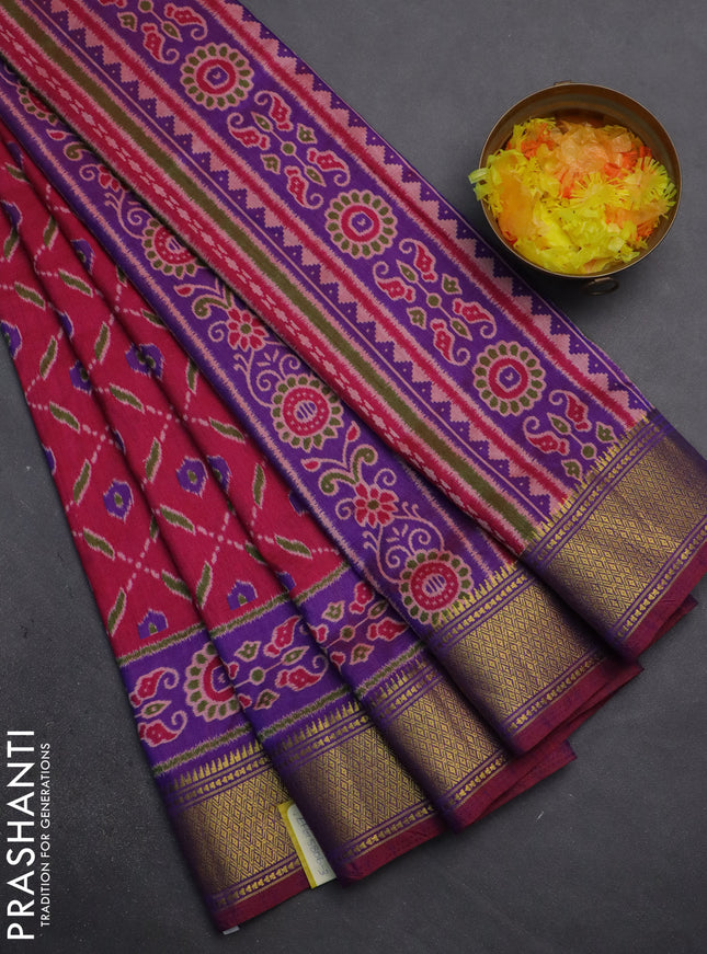Semi tussar saree pink and purple with allover ikat prints and zari woven border