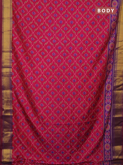 Semi tussar saree pink and purple with allover ikat prints and zari woven border