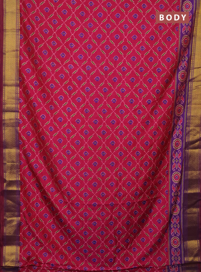 Semi tussar saree pink and purple with allover ikat prints and zari woven border