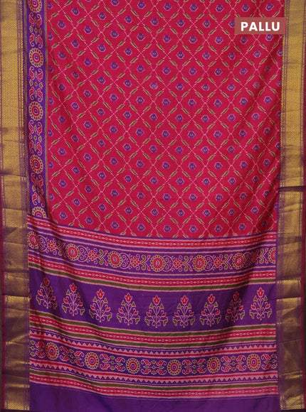 Semi tussar saree pink and purple with allover ikat prints and zari woven border