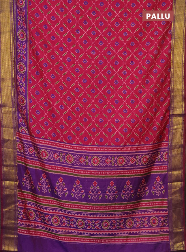 Semi tussar saree pink and purple with allover ikat prints and zari woven border