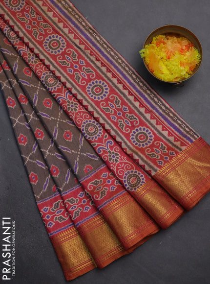 Semi tussar saree dual shade of grey and rust shade with allover ikat prints and zari woven border