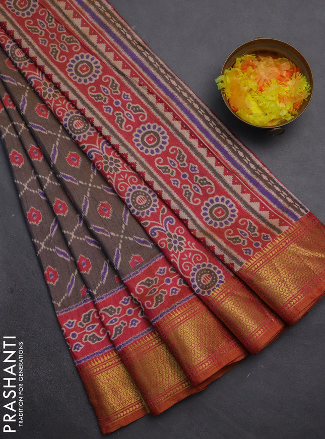 Semi tussar saree dual shade of grey and rust shade with allover ikat prints and zari woven border