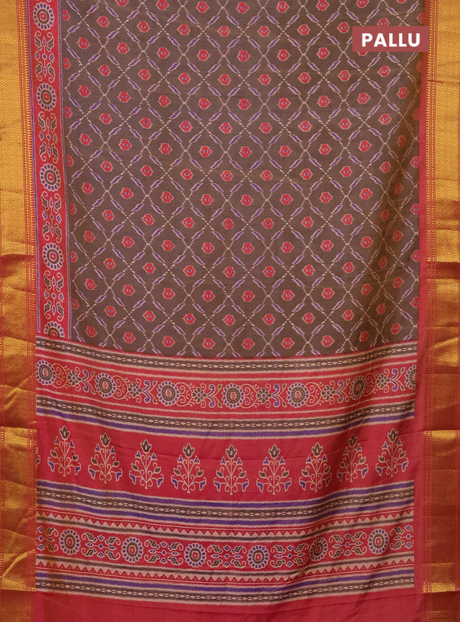 Semi tussar saree dual shade of grey and rust shade with allover ikat prints and zari woven border