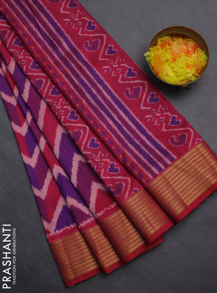 Semi tussar saree multi colour and pink with allover zig zag ikat prints and zari woven border