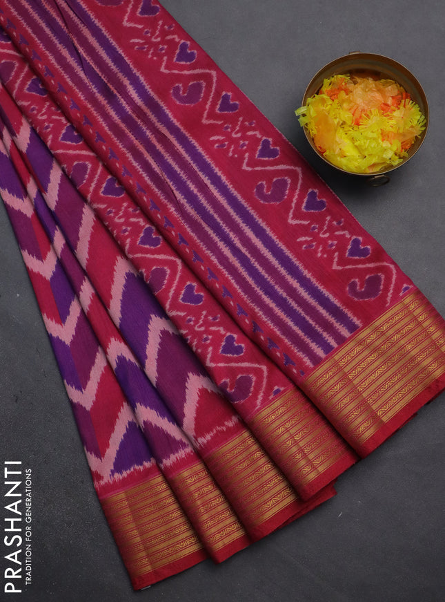 Semi tussar saree multi colour and pink with allover zig zag ikat prints and zari woven border