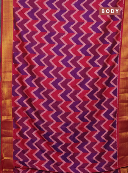 Semi tussar saree multi colour and pink with allover zig zag ikat prints and zari woven border