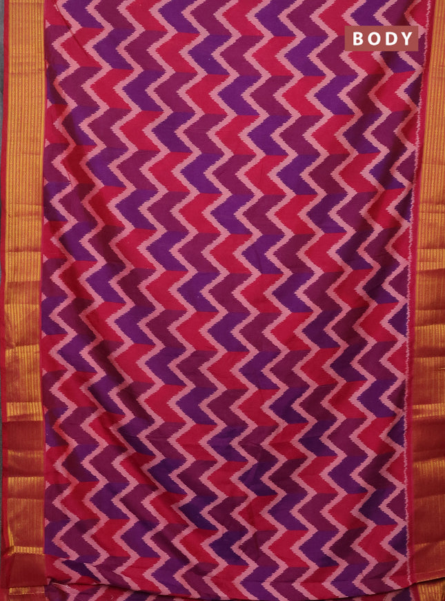 Semi tussar saree multi colour and pink with allover zig zag ikat prints and zari woven border