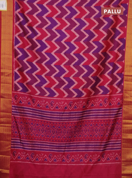 Semi tussar saree multi colour and pink with allover zig zag ikat prints and zari woven border