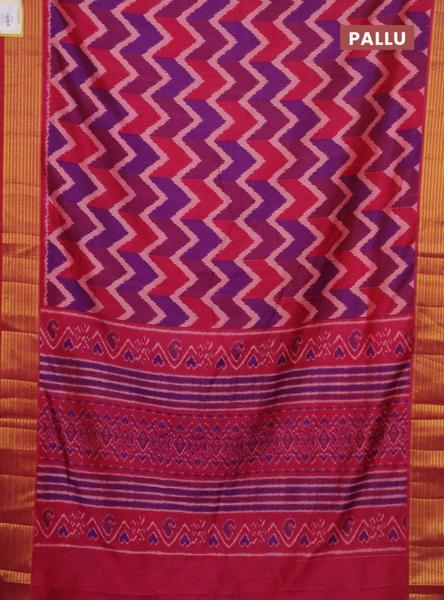 Semi tussar saree multi colour and pink with allover zig zag ikat prints and zari woven border