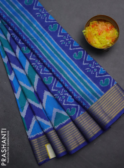 Semi tussar saree multi colour and blue with allover zig zag ikat prints and zari woven border