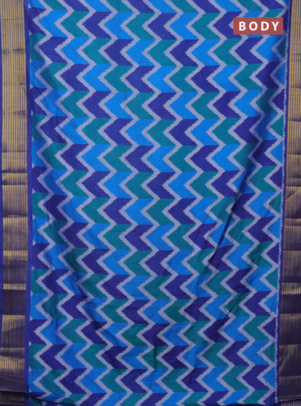 Semi tussar saree multi colour and blue with allover zig zag ikat prints and zari woven border