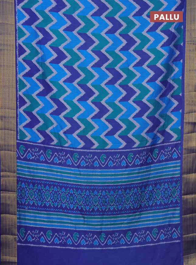 Semi tussar saree multi colour and blue with allover zig zag ikat prints and zari woven border