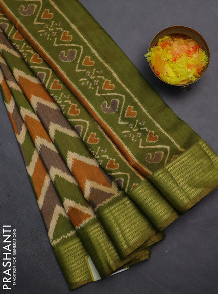 Semi tussar saree multi colour and sap green with allover zig zag ikat prints and zari woven border